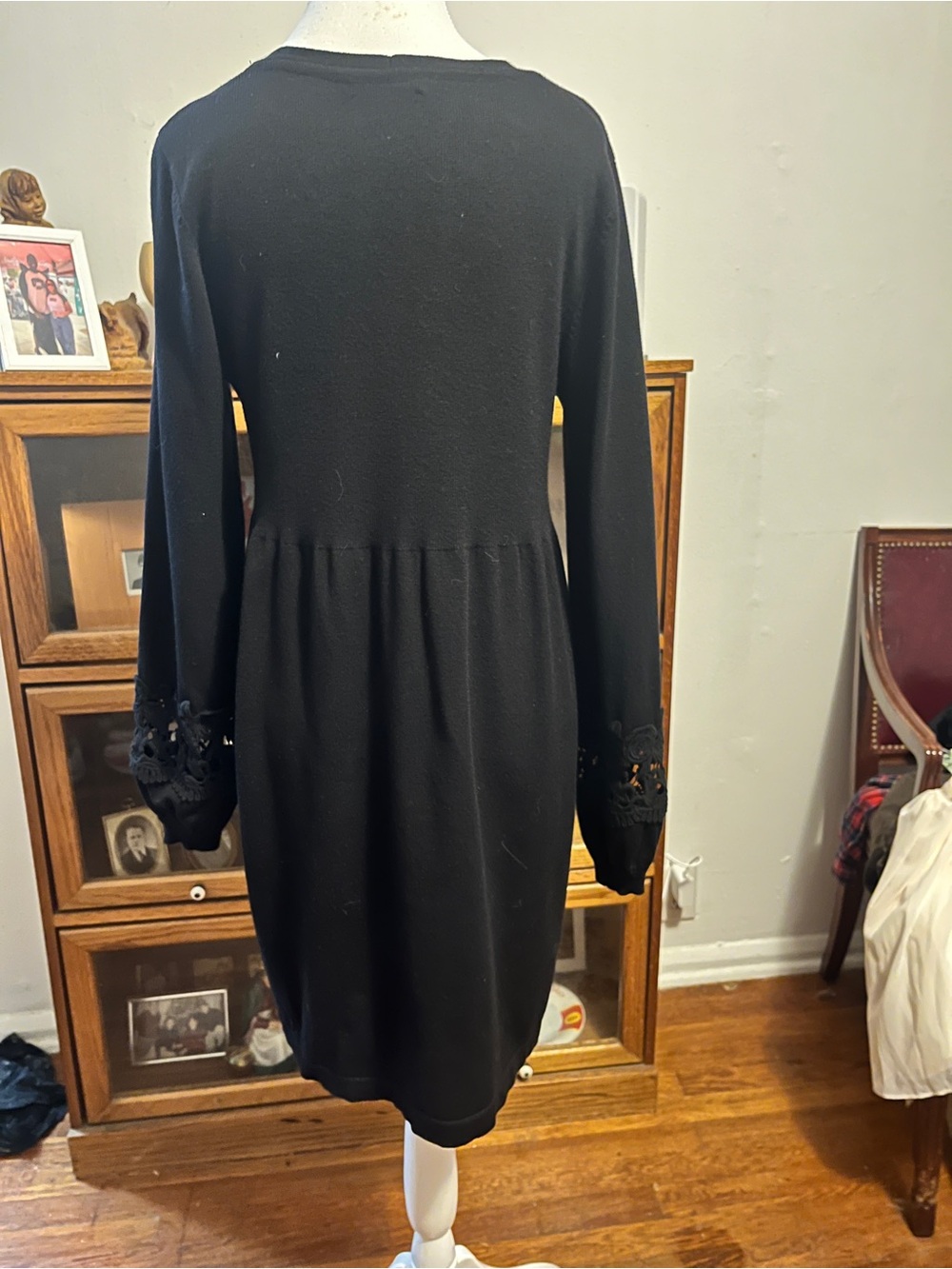 Alfani Black Sweater Dress Lace Cuff Long Sleeve Medium - Picture 7 of 14